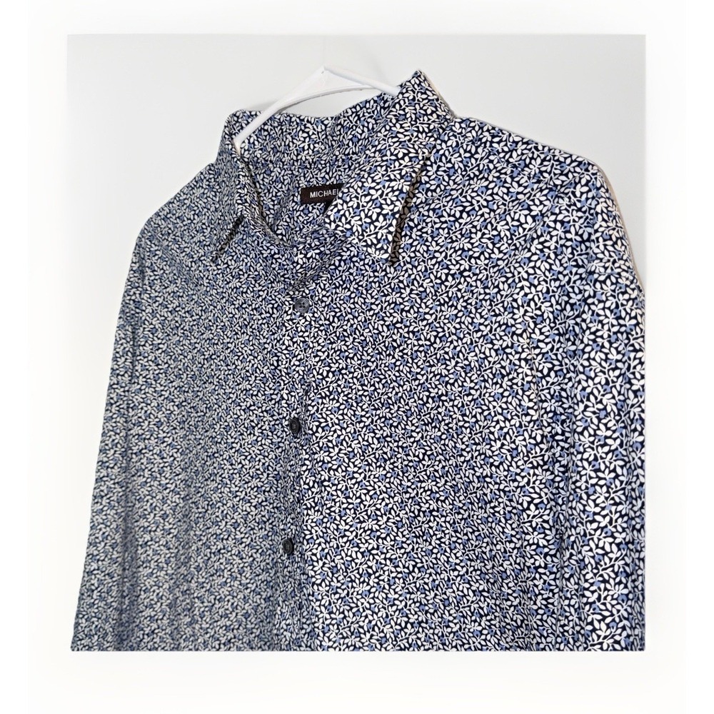 Michael Kors Mens XL Slim Fit Button Up Floral Shirt Crew Blue & White